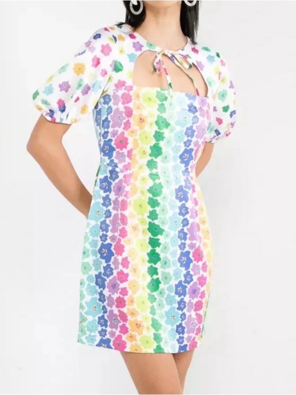 Never Fully Dressed Rainbow Floral Keyhole Puff-Sleeve Mini Dress